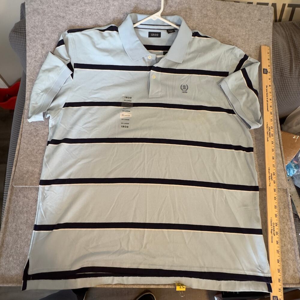 IZOD Men’s XXL Polo Shirt NWT Light Blue Navy Striped 100% Cotton Embroidered